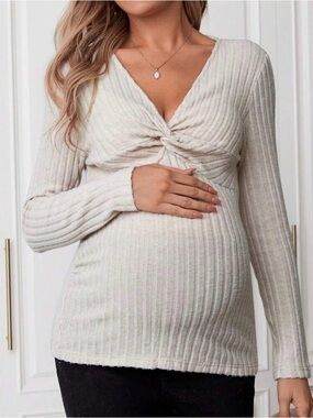 Maternity Wear SHEIN Plus 1XL Taupe Ribbed Twist-Front Long Sleeve Top-NWOT